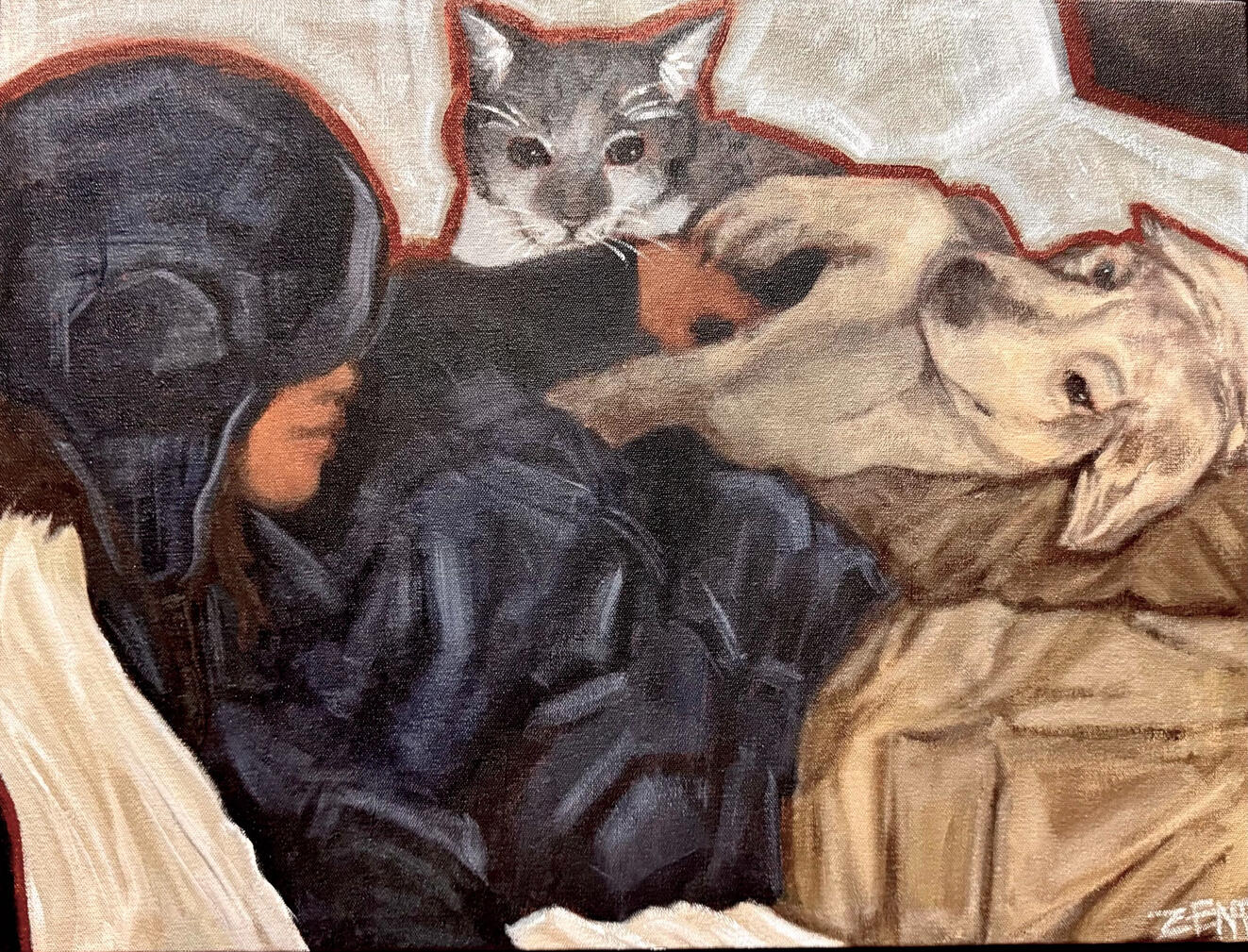 "Cuddles on a Cold Evening" - December 1st, 2025 (24'' x 18'') Acrylic Paint on Canvas