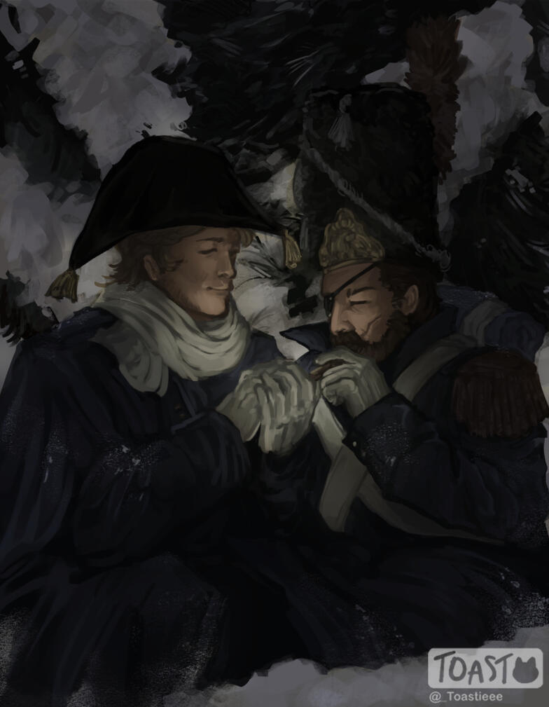 "Napoleonic Soldiers Sharing the Warmth of a Cigar" - May 19th, 2025 (1199 px, 1541 px) Clip Studio Paint