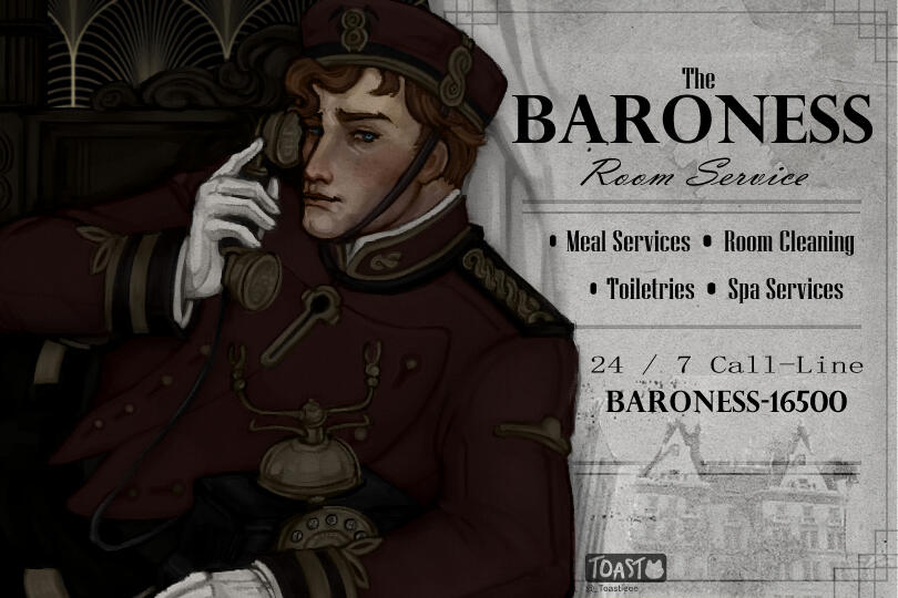 "The Baroness Room Service Card, Fanart" - December 14th, 2025 (810 px, 540 px) Clip Studio Paint